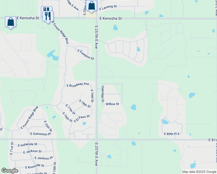map of restaurants, bars, coffee shops, grocery stores, and more near 25900 East Cottonwood Street in Broken Arrow