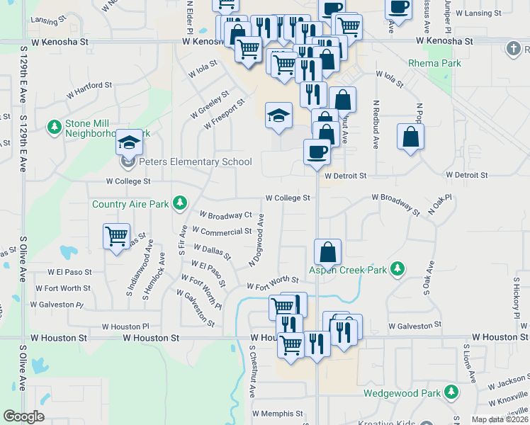 map of restaurants, bars, coffee shops, grocery stores, and more near 101 North Dogwood Avenue in Broken Arrow