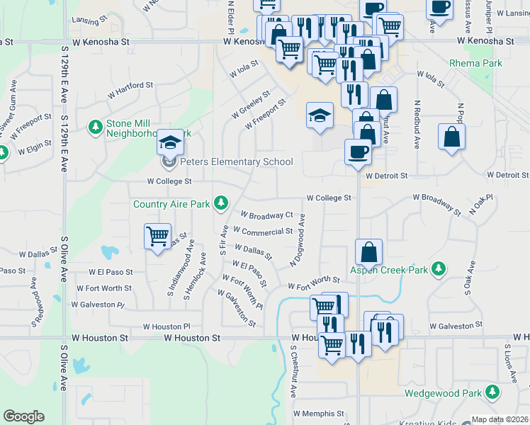 map of restaurants, bars, coffee shops, grocery stores, and more near 2604 West Broadway Street in Broken Arrow
