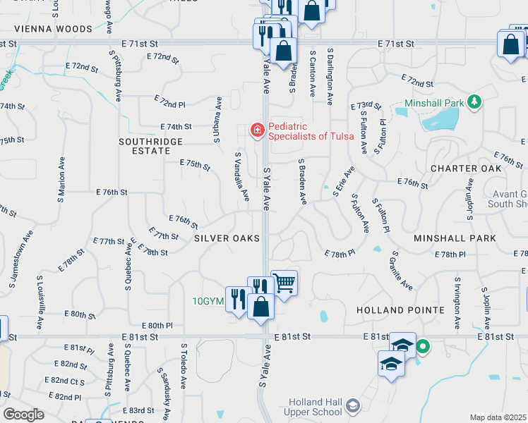 map of restaurants, bars, coffee shops, grocery stores, and more near 4808 East 76th Street South in Tulsa