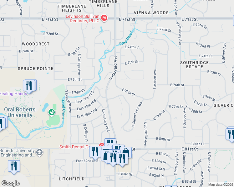 map of restaurants, bars, coffee shops, grocery stores, and more near 7702 South Harvard Place in Tulsa