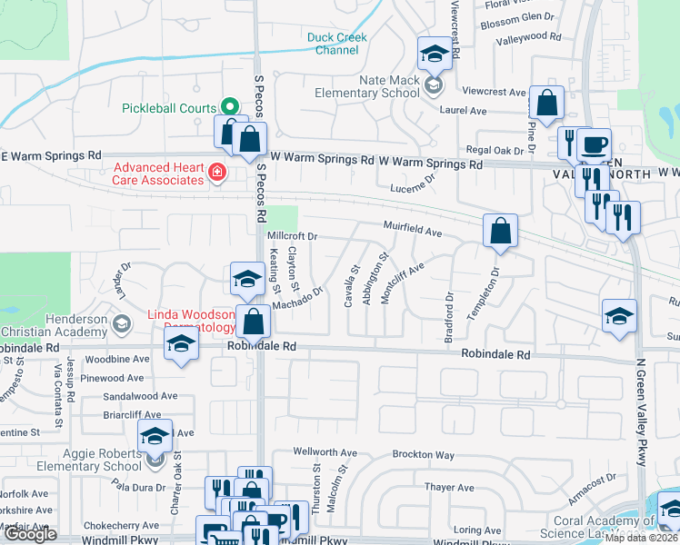 map of restaurants, bars, coffee shops, grocery stores, and more near 2515 Machado Dr in Henderson