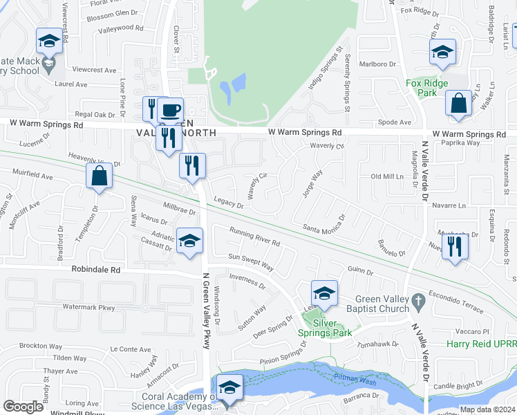 map of restaurants, bars, coffee shops, grocery stores, and more near 2046 Waverly Circle in Henderson