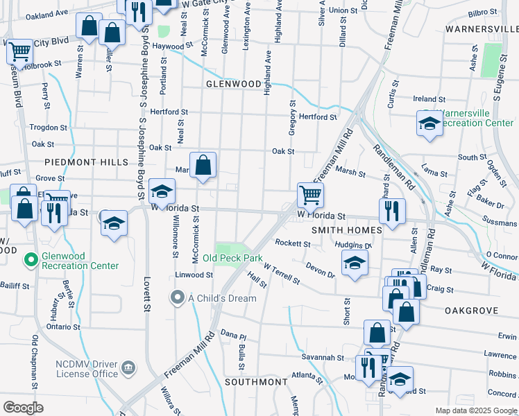 map of restaurants, bars, coffee shops, grocery stores, and more near 1000 West Florida Street in Greensboro