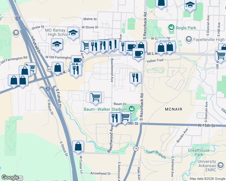 map of restaurants, bars, coffee shops, grocery stores, and more near 1090 Beechwood Avenue in Fayetteville