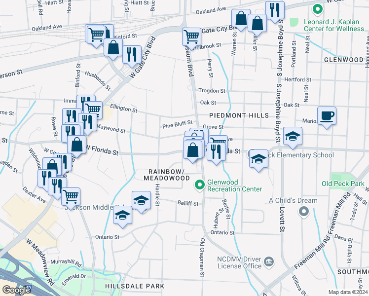 map of restaurants, bars, coffee shops, grocery stores, and more near 2016 West Florida Street in Greensboro