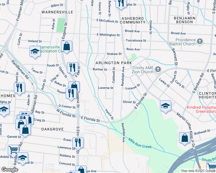 map of restaurants, bars, coffee shops, grocery stores, and more near 1415 Bellevue Street in Greensboro