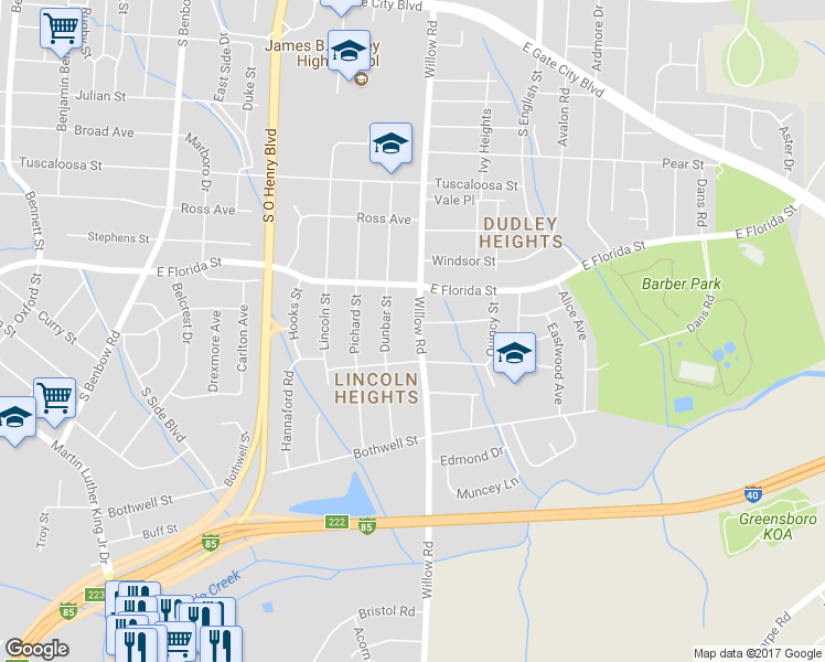 map of restaurants, bars, coffee shops, grocery stores, and more near 1616 Willow Road in Greensboro