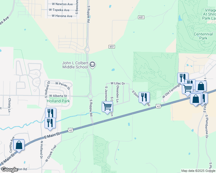 map of restaurants, bars, coffee shops, grocery stores, and more near 1171 South Jasmine Lane in Fayetteville