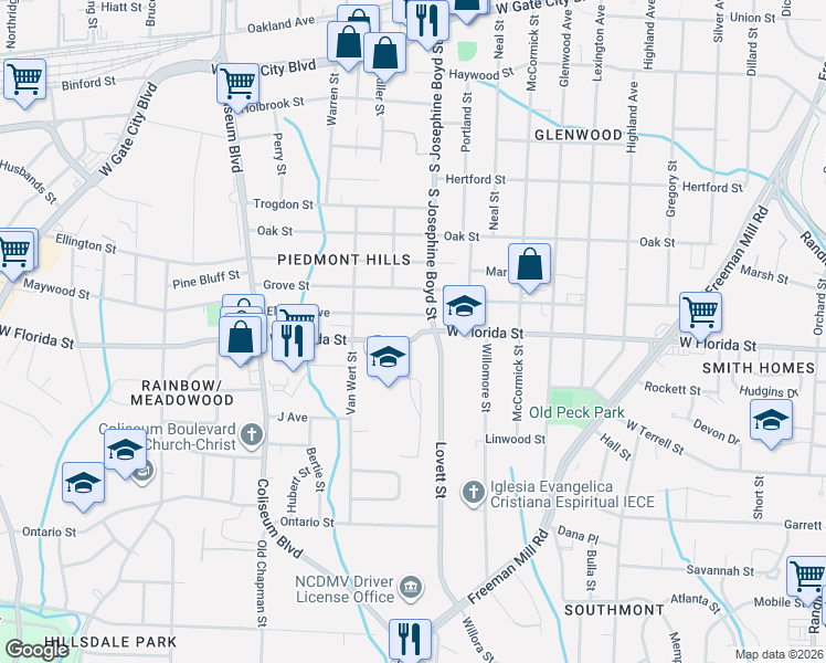 map of restaurants, bars, coffee shops, grocery stores, and more near in Greensboro