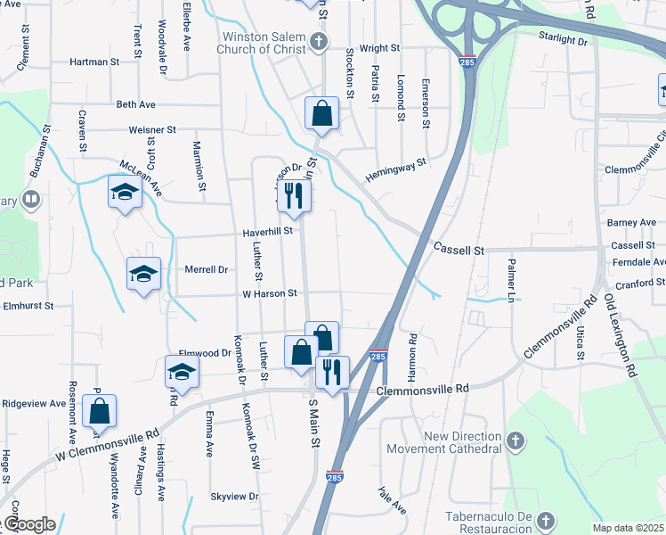 map of restaurants, bars, coffee shops, grocery stores, and more near 3254 Stockton Street in Winston-Salem