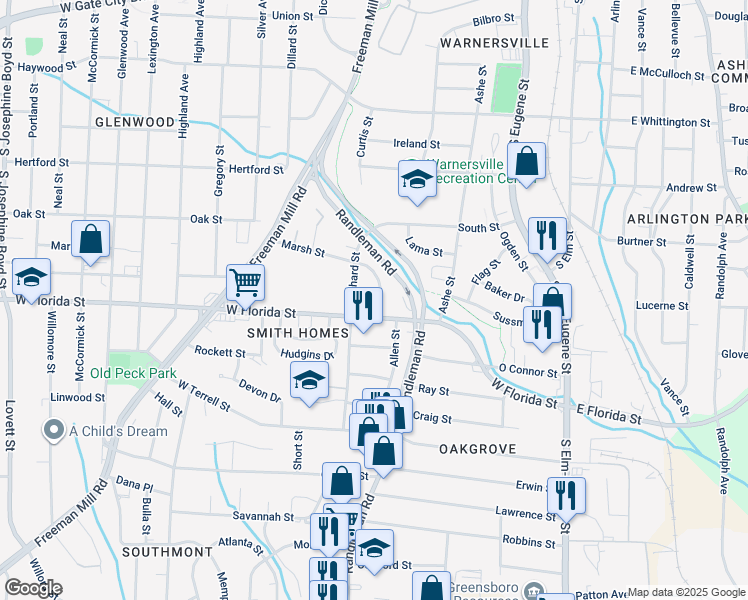 map of restaurants, bars, coffee shops, grocery stores, and more near 603 Marsh Street in Greensboro