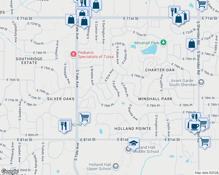 map of restaurants, bars, coffee shops, grocery stores, and more near 7719 South Erie Avenue in Tulsa