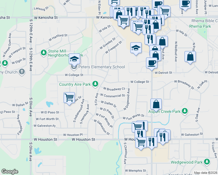 map of restaurants, bars, coffee shops, grocery stores, and more near 2604 West Broadway Street in Broken Arrow
