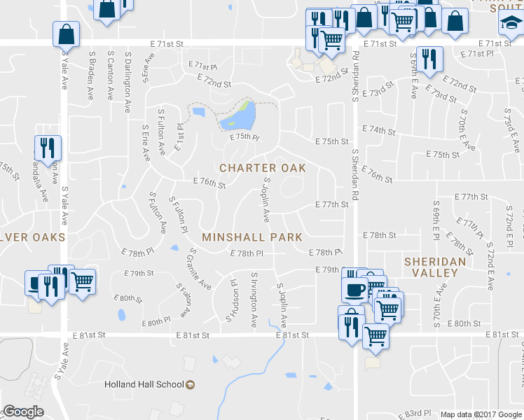 map of restaurants, bars, coffee shops, grocery stores, and more near 5828 East 77th Street in Tulsa