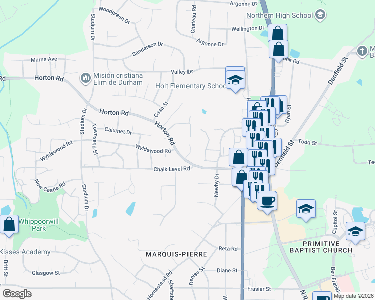 map of restaurants, bars, coffee shops, grocery stores, and more near 9 Sweetbay Court in Durham