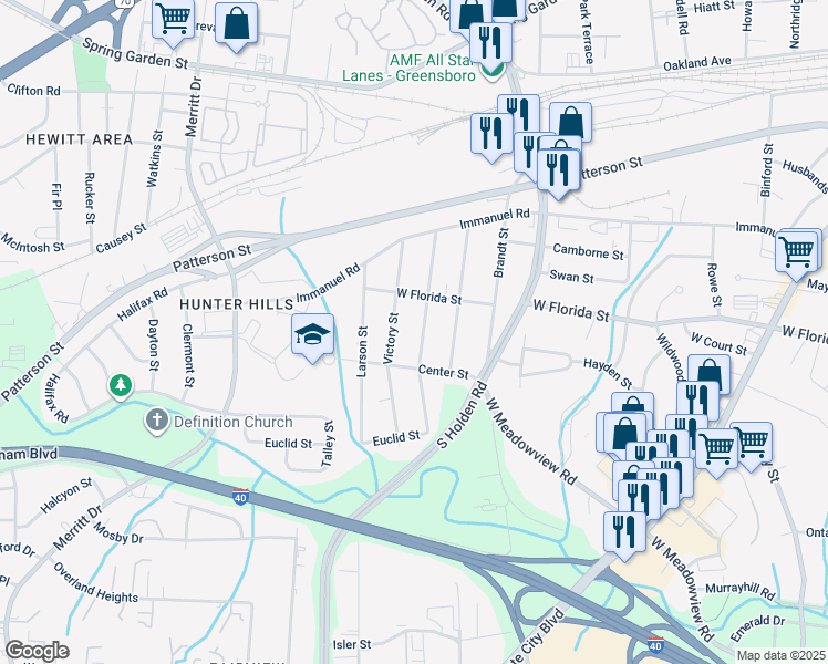 map of restaurants, bars, coffee shops, grocery stores, and more near 1413 Dorsey Street in Greensboro
