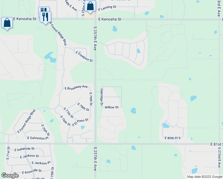 map of restaurants, bars, coffee shops, grocery stores, and more near 25900 East Cottonwood Street in Broken Arrow