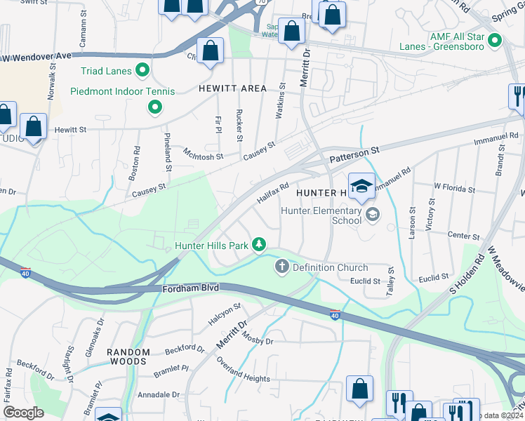 map of restaurants, bars, coffee shops, grocery stores, and more near 1300 Juniper Street in Greensboro