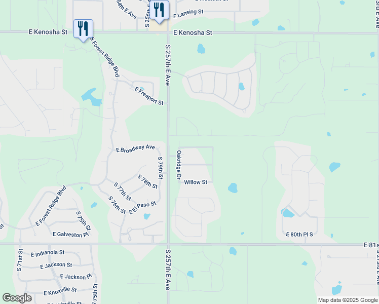 map of restaurants, bars, coffee shops, grocery stores, and more near 25900 East Cottonwood Street in Broken Arrow