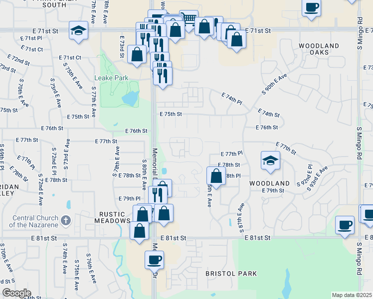 map of restaurants, bars, coffee shops, grocery stores, and more near 7717 South 84th East Avenue in Tulsa