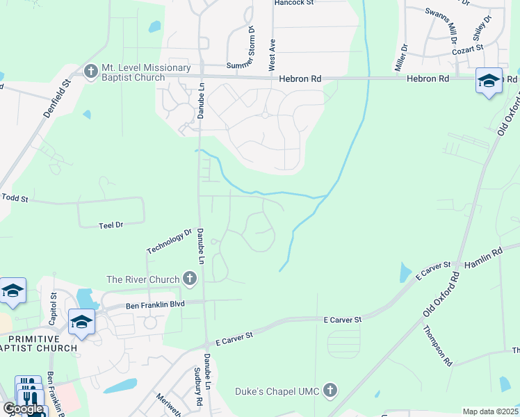 map of restaurants, bars, coffee shops, grocery stores, and more near 4355 Flintlock Lane in Durham