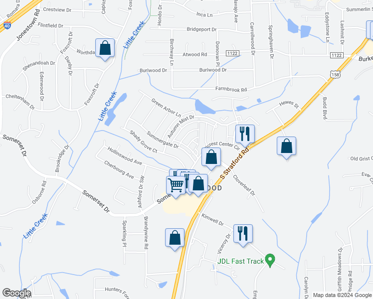 map of restaurants, bars, coffee shops, grocery stores, and more near 346 Summergate Drive in Winston-Salem