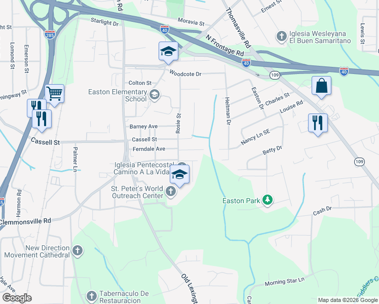 map of restaurants, bars, coffee shops, grocery stores, and more near 916 Ferndale Avenue in Winston-Salem