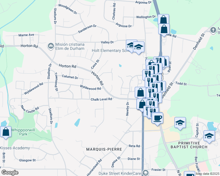 map of restaurants, bars, coffee shops, grocery stores, and more near 9 Sweetbay Court in Durham