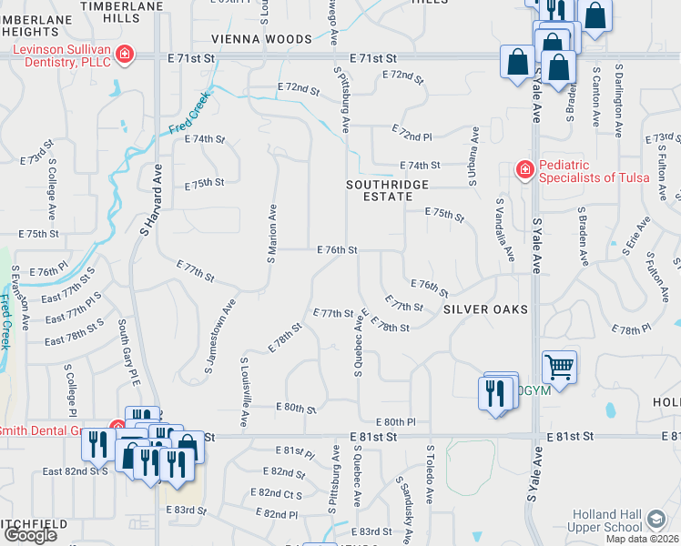 map of restaurants, bars, coffee shops, grocery stores, and more near 7619 South Oswego Place in Tulsa