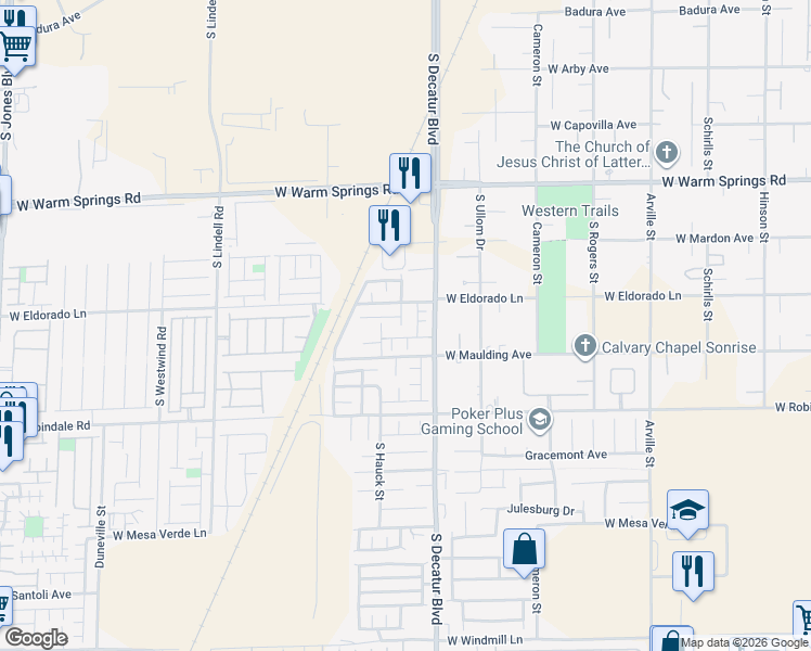 map of restaurants, bars, coffee shops, grocery stores, and more near 7542 South Desert Lupine Street in Las Vegas