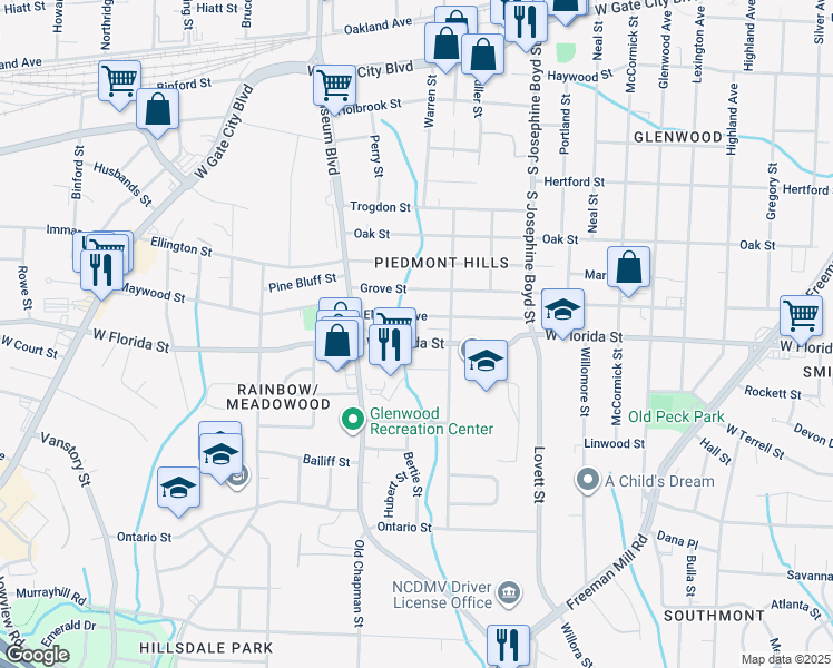 map of restaurants, bars, coffee shops, grocery stores, and more near 1712 West Florida Street in Greensboro
