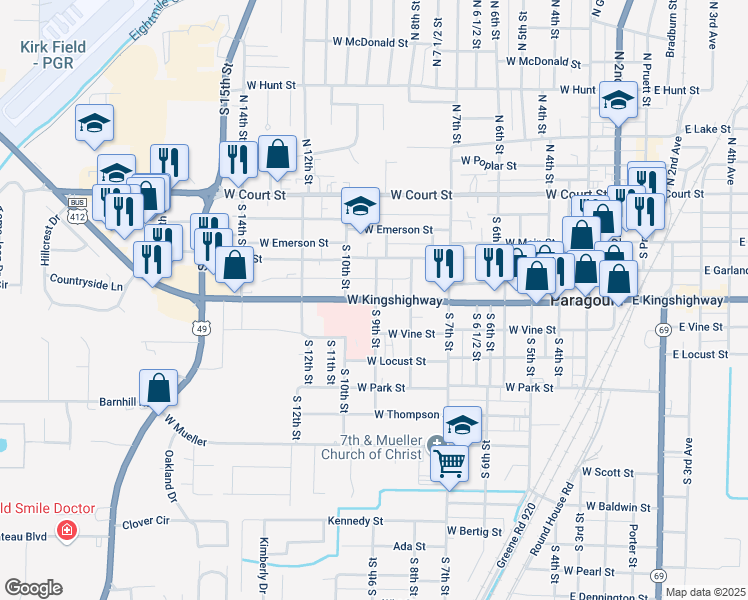 map of restaurants, bars, coffee shops, grocery stores, and more near 900 West Kings Highway in Paragould