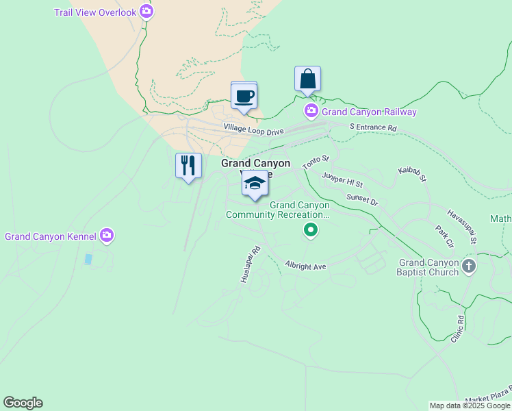 map of restaurants, bars, coffee shops, grocery stores, and more near 1 Boulder Street in Grand Canyon Village