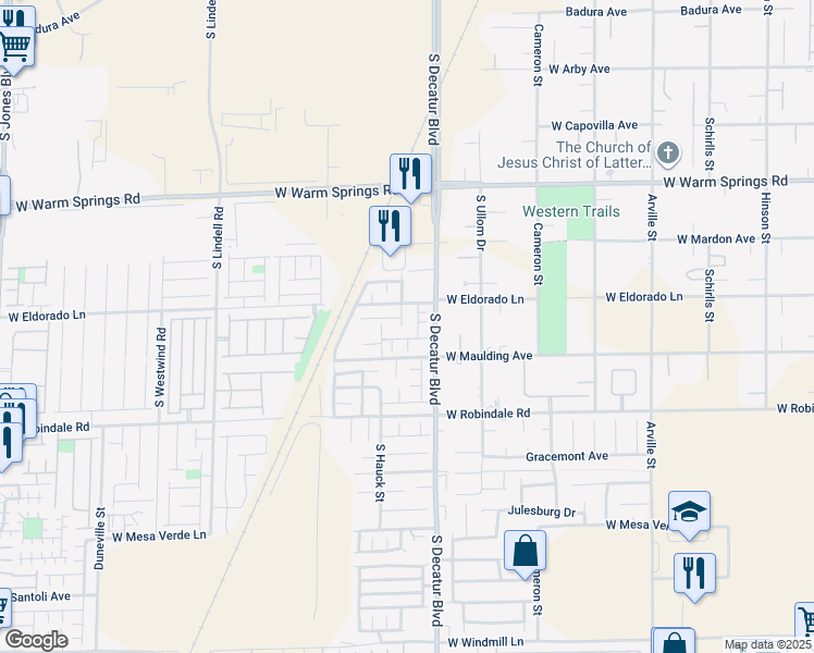 map of restaurants, bars, coffee shops, grocery stores, and more near 7542 South Desert Lupine Street in Las Vegas
