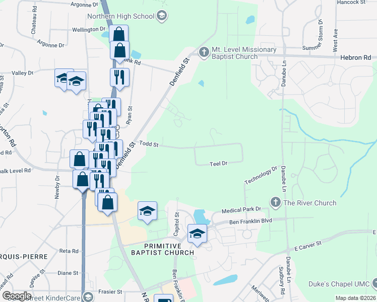 map of restaurants, bars, coffee shops, grocery stores, and more near 405 Todd Street in Durham
