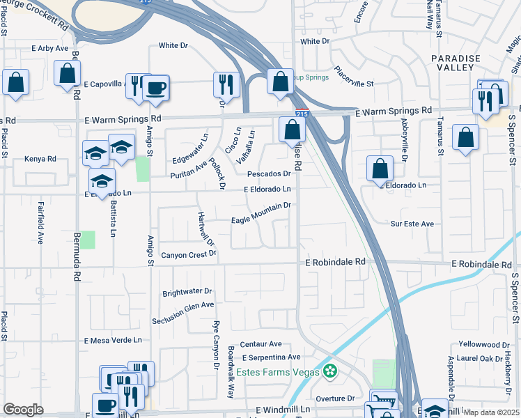 map of restaurants, bars, coffee shops, grocery stores, and more near 7551 Pearwood Court in Las Vegas