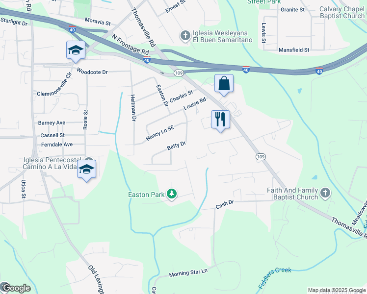 map of restaurants, bars, coffee shops, grocery stores, and more near 1050 Betty Drive in Winston-Salem