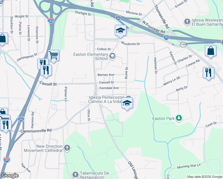 map of restaurants, bars, coffee shops, grocery stores, and more near 750 Ferndale Avenue in Winston-Salem