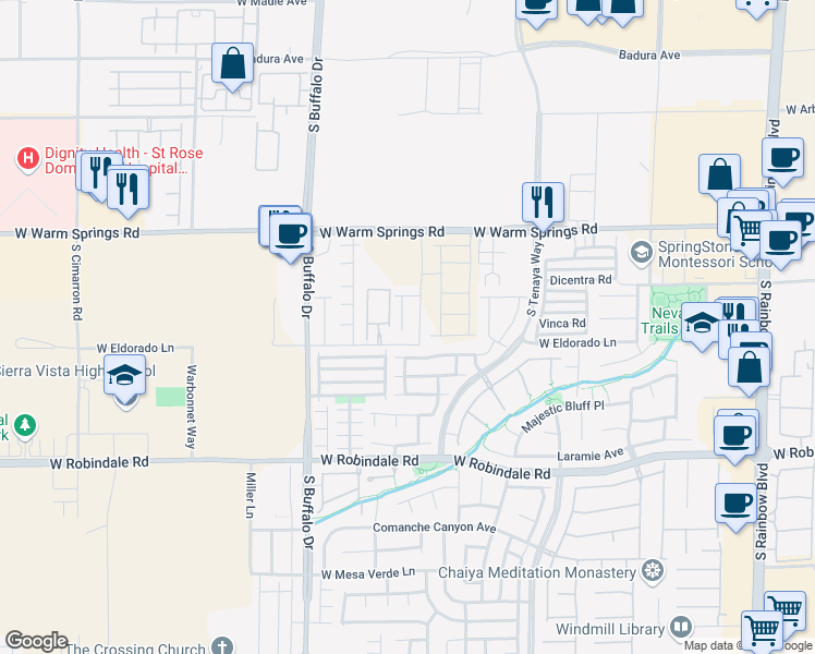 map of restaurants, bars, coffee shops, grocery stores, and more near 7470 Poppy Hills Court in Las Vegas