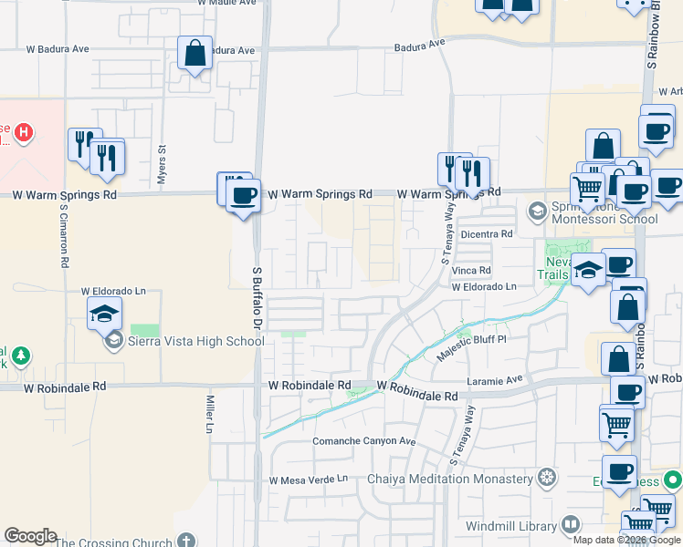 map of restaurants, bars, coffee shops, grocery stores, and more near 7470 Poppy Hills Court in Las Vegas