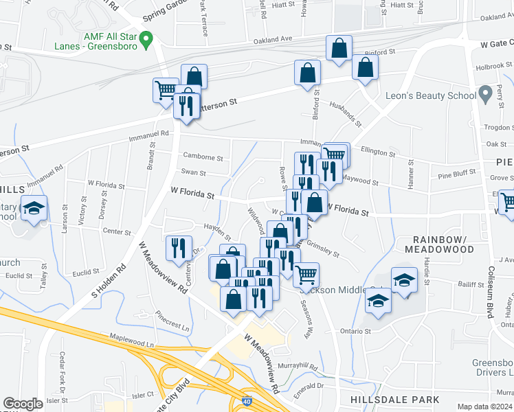 map of restaurants, bars, coffee shops, grocery stores, and more near 2703 West Florida Street in Greensboro