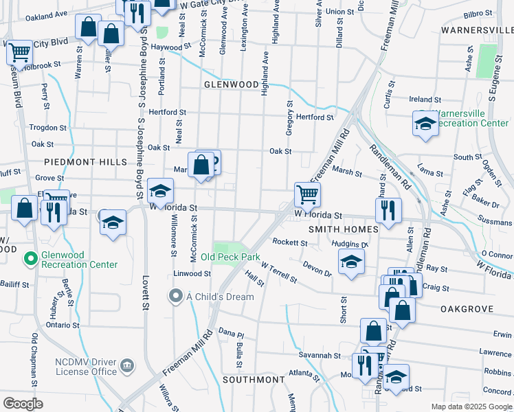 map of restaurants, bars, coffee shops, grocery stores, and more near 1000 West Florida Street in Greensboro