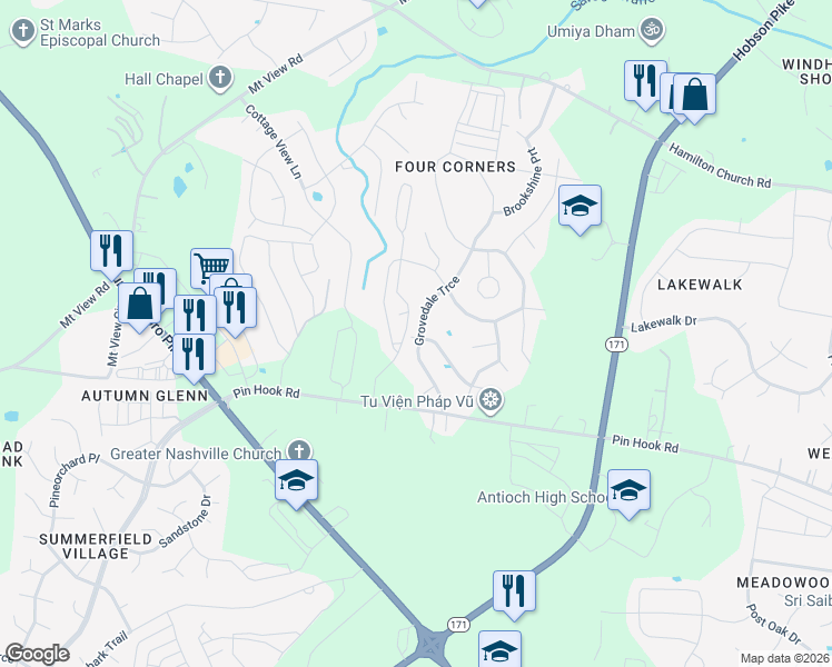 map of restaurants, bars, coffee shops, grocery stores, and more near 600 Gracewood Grove in Nashville