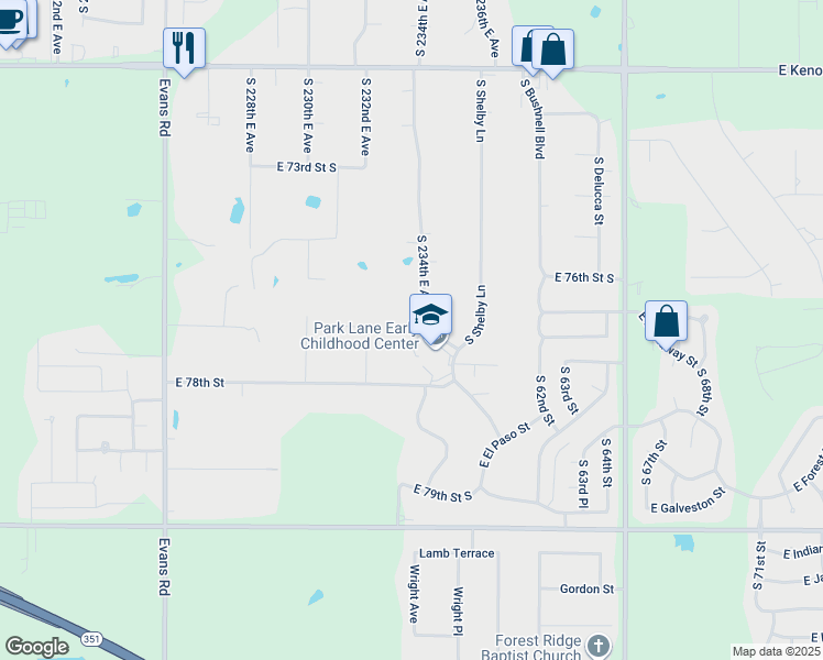 map of restaurants, bars, coffee shops, grocery stores, and more near 7700 South Shelby Lane in Broken Arrow