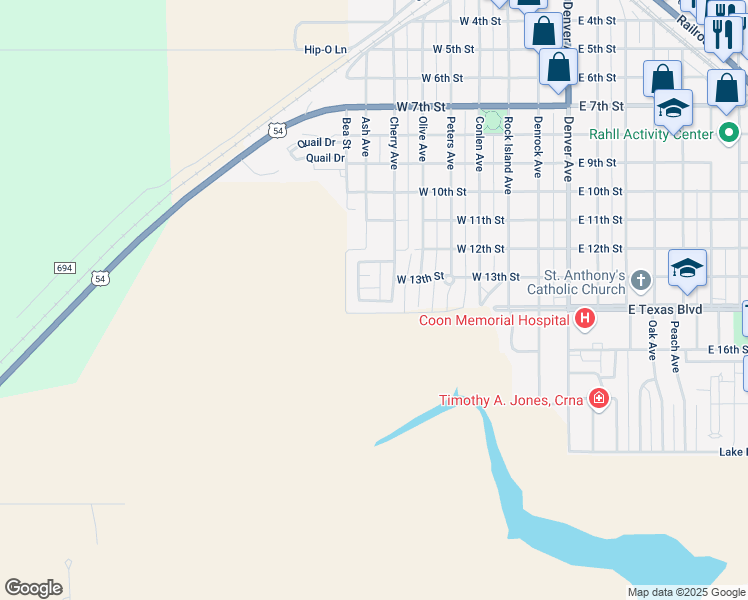 map of restaurants, bars, coffee shops, grocery stores, and more near Canyon View Drive in Dalhart
