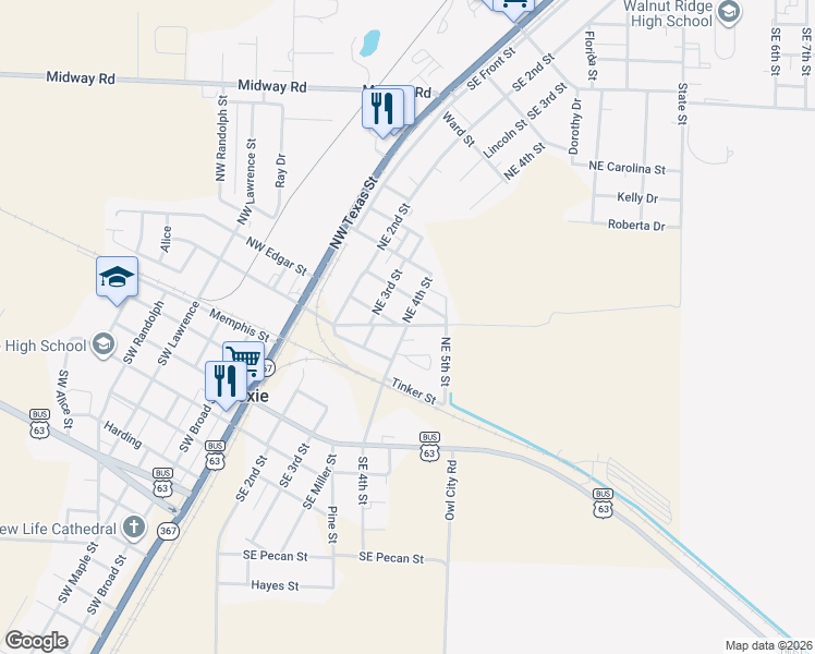map of restaurants, bars, coffee shops, grocery stores, and more near 211 Northeast 4th Street in Hoxie