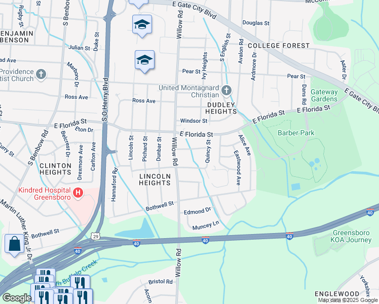 map of restaurants, bars, coffee shops, grocery stores, and more near 2010 Barksdale Drive in Greensboro