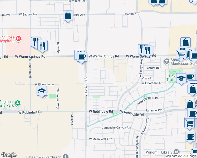 map of restaurants, bars, coffee shops, grocery stores, and more near 7660 West Eldorado Lane in Las Vegas