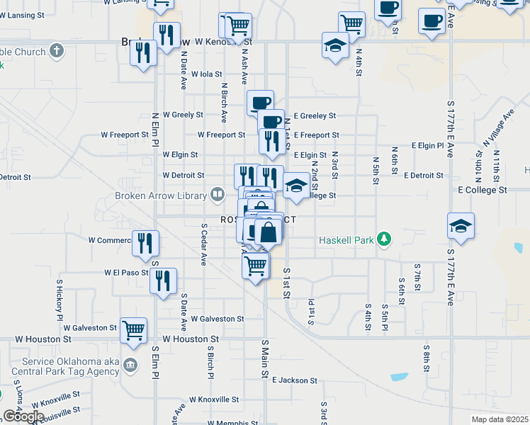 map of restaurants, bars, coffee shops, grocery stores, and more near in Broken Arrow